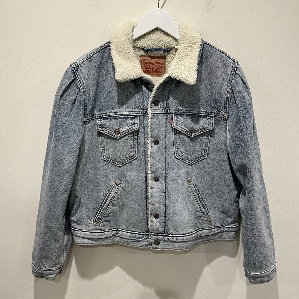 Levis Womens Sherpa Lined Trucker Jacket XL Light Blue Casual Y2K‎ Outdoor
